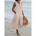 V Neck Button Front Tiered Hem Sleeveless Linen Midi Dress