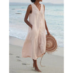 V Neck Button Front Tiered Hem Sleeveless Linen Midi Dress