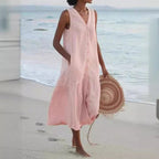 V Neck Button Front Tiered Hem Sleeveless Linen Midi Dress