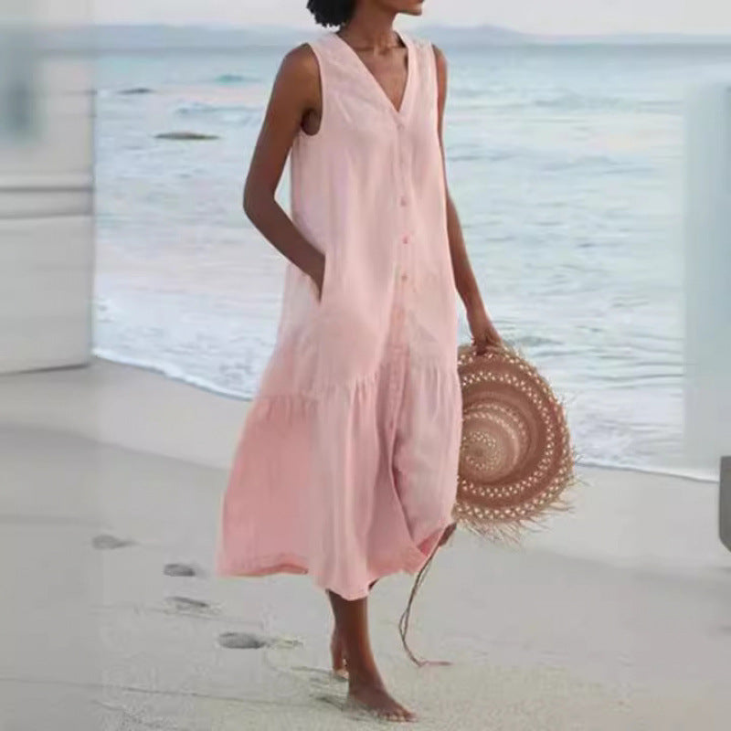 V Neck Button Front Tiered Hem Sleeveless Linen Midi Dress