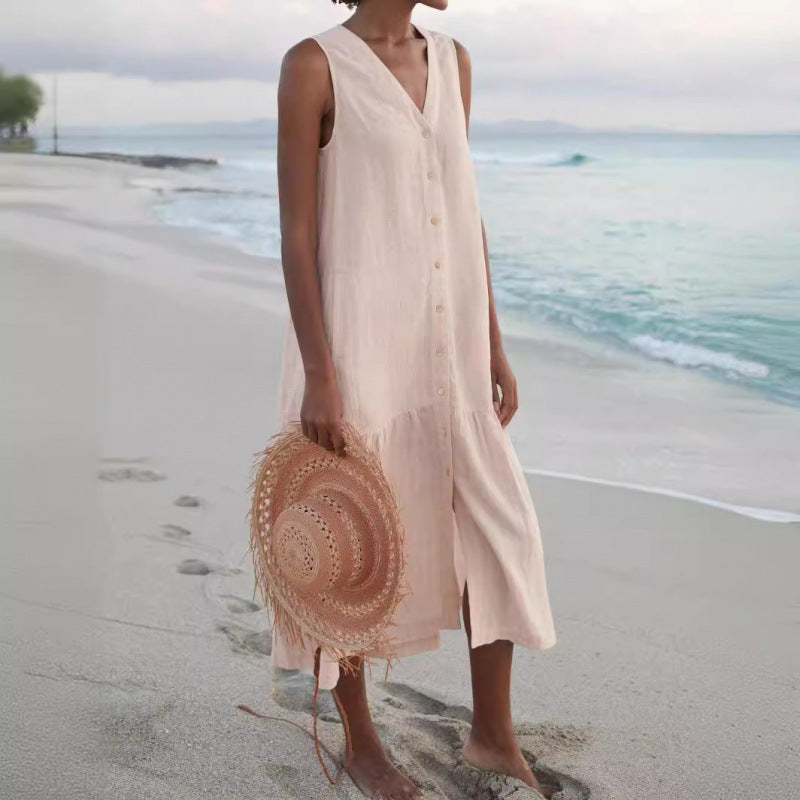 V Neck Button Front Tiered Hem Sleeveless Linen Midi Dress