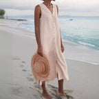 V Neck Button Front Tiered Hem Sleeveless Linen Midi Dress