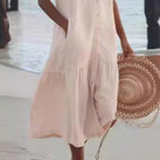 V Neck Button Front Tiered Hem Sleeveless Linen Midi Dress