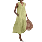 V Neck Button Front Tiered Hem Sleeveless Linen Midi Dress