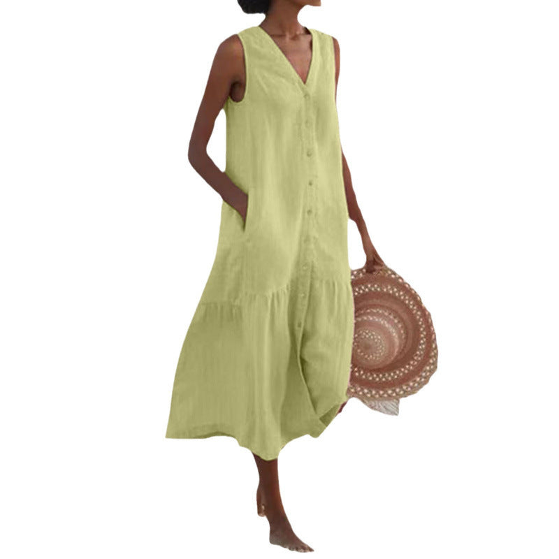 V Neck Button Front Tiered Hem Sleeveless Linen Midi Dress