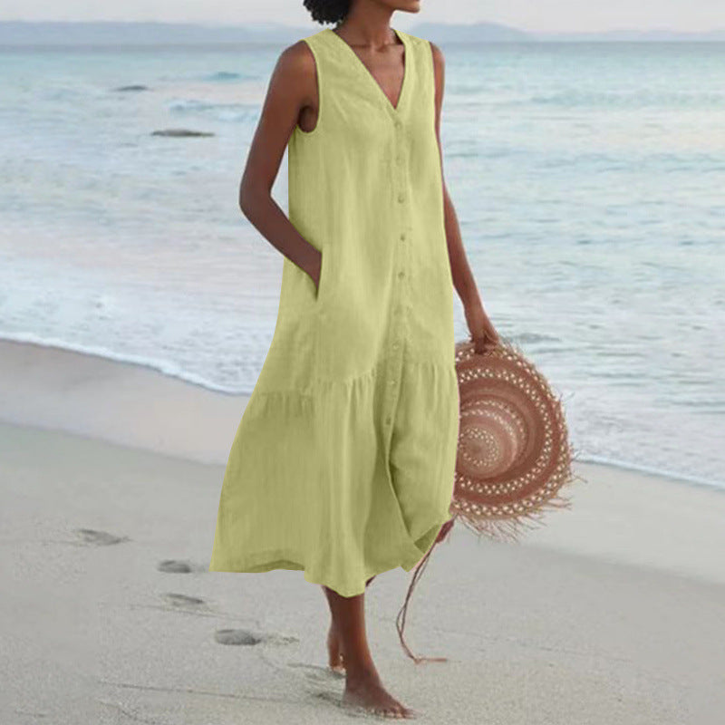 V Neck Button Front Tiered Hem Sleeveless Linen Midi Dress