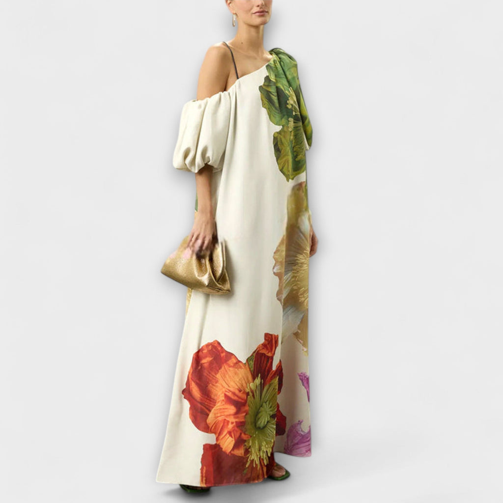 Oversized Floral Print Off Shoulder Puff Sleeve Maxi Dress