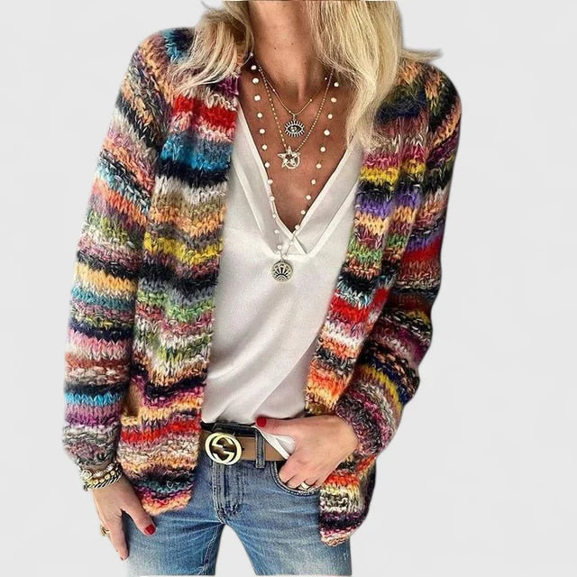 Multicolour Stripe Open Front Chunky Knit Boho Cardigan