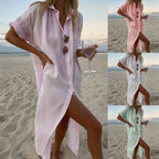 Oversized Button Down Roll Sleeve Linen Beach Shirt Dress