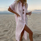 Oversized Button Down Roll Sleeve Linen Beach Shirt Dress