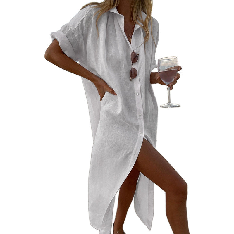 Oversized Button Down Roll Sleeve Linen Beach Shirt Dress