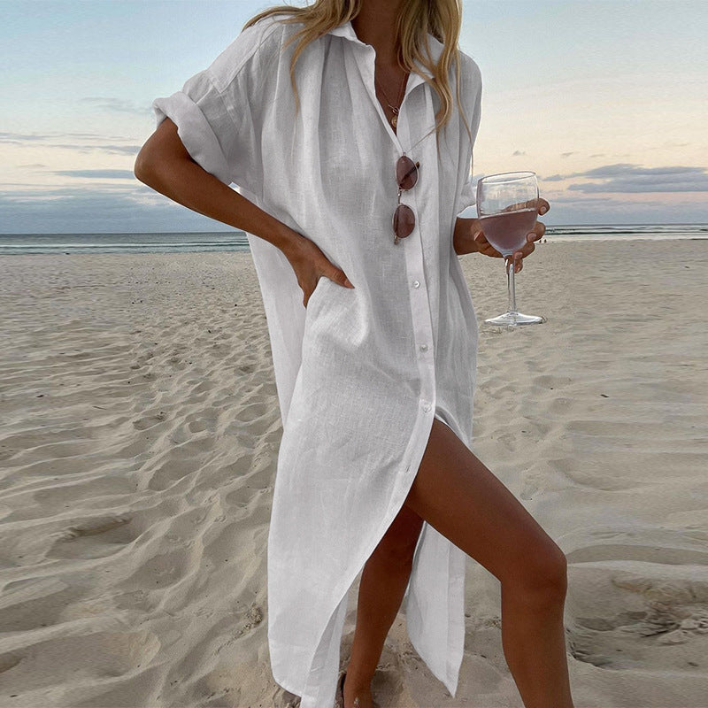 Oversized Button Down Roll Sleeve Linen Beach Shirt Dress