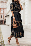 Aztec Print Belted Button Down Flared Casual Midi Dress