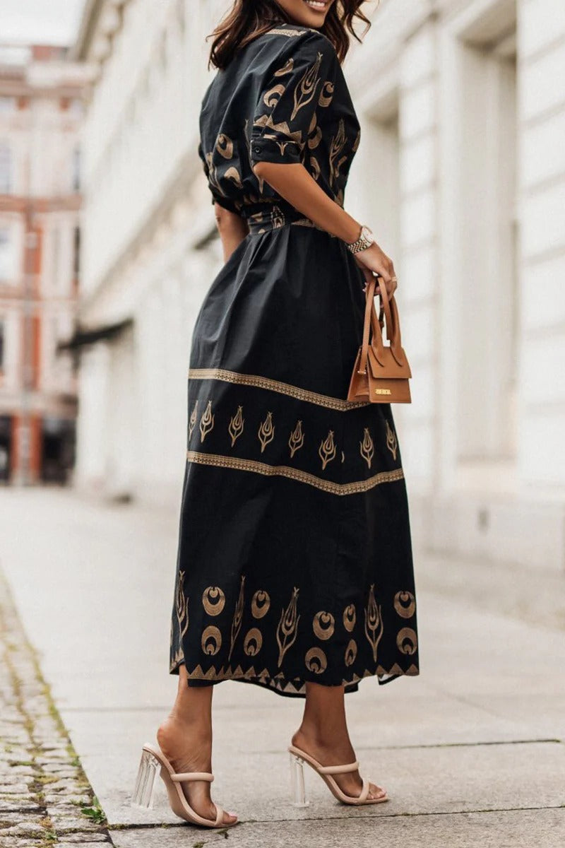 Aztec Print Belted Button Down Flared Casual Midi Dress