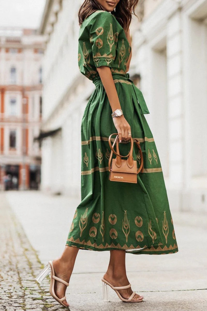 Aztec Print Belted Button Down Flared Casual Midi Dress