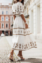 Aztec Print Belted Button Down Flared Casual Midi Dress