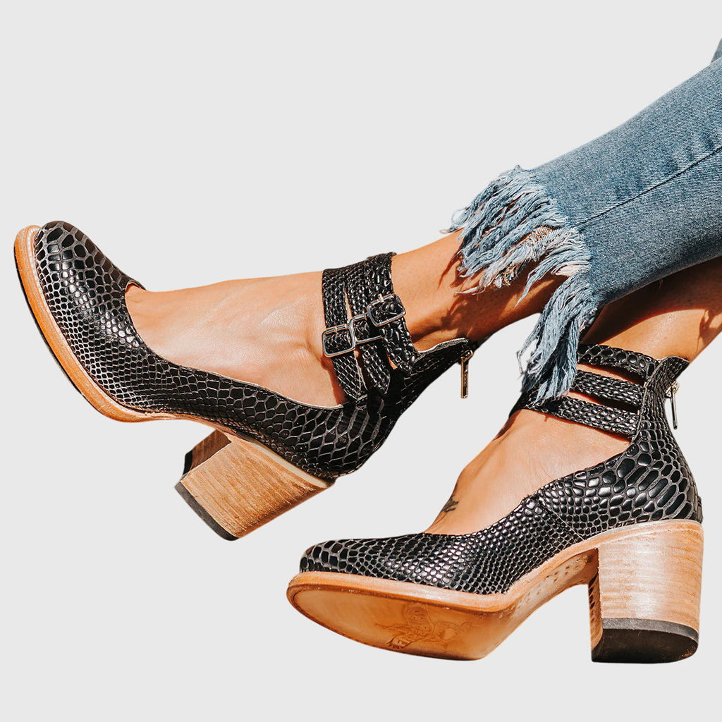 Triple Buckle Strap Distressed Leather Block Heel Boot