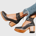 Triple Buckle Strap Distressed Leather Block Heel Boot