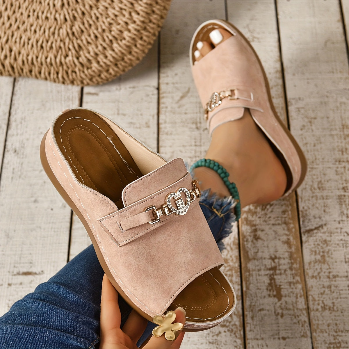 Rhinestone Heart Buckle Suede Open Toe Flat Slide Sandal