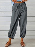 Button Cuff Patch Pocket Drawstring Capri Linen Pant