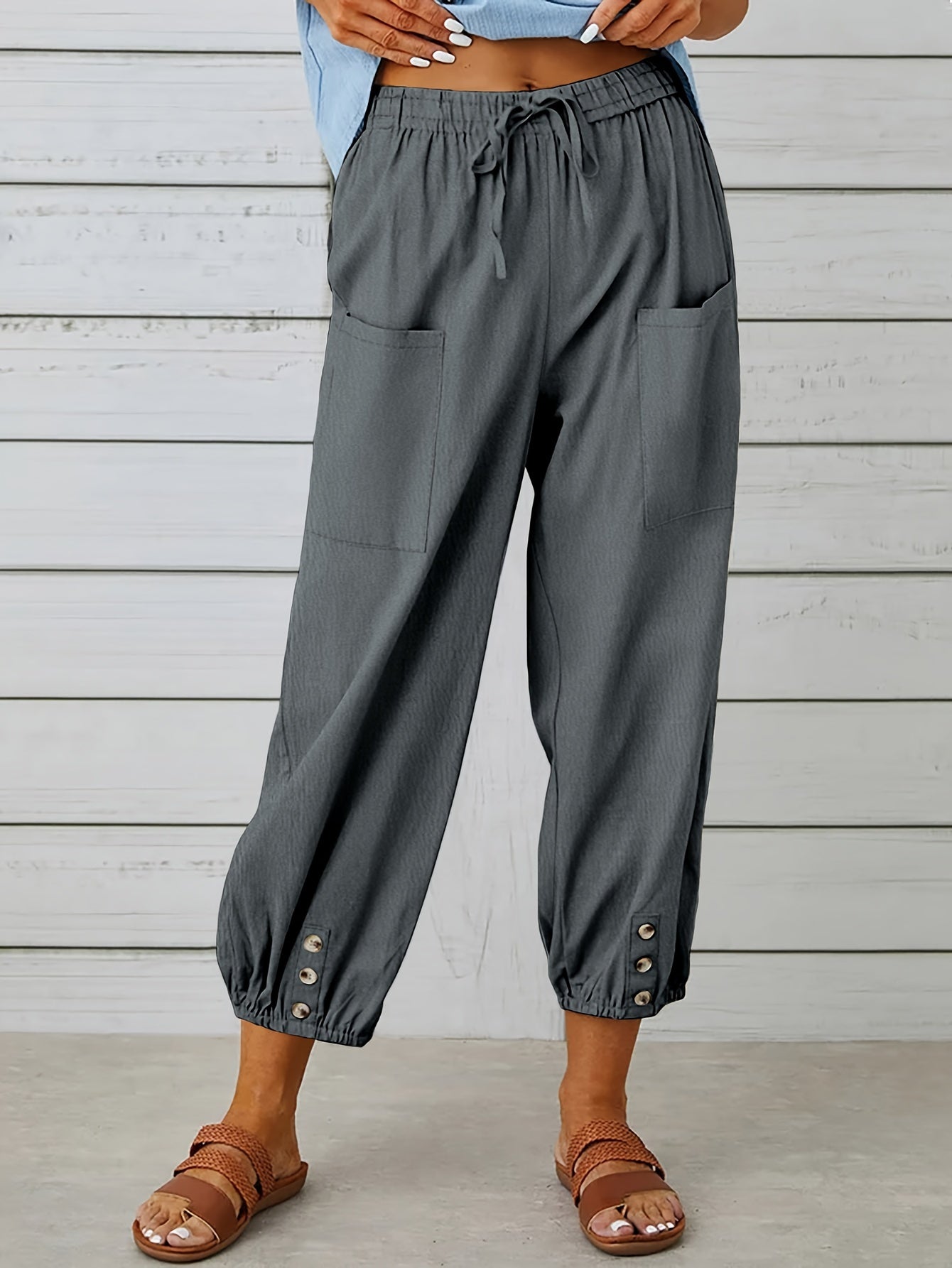 Button Cuff Patch Pocket Drawstring Capri Linen Pant