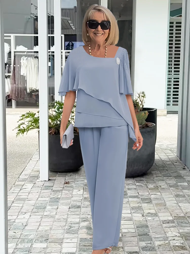 Chiffon Tiered Cape Top & Wide Leg Trouser Two Piece Set