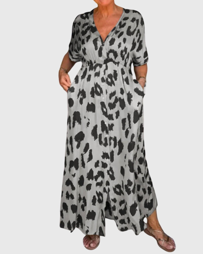 Leopard Print V Neck Button Front Elasticated Waist Maxi Dress