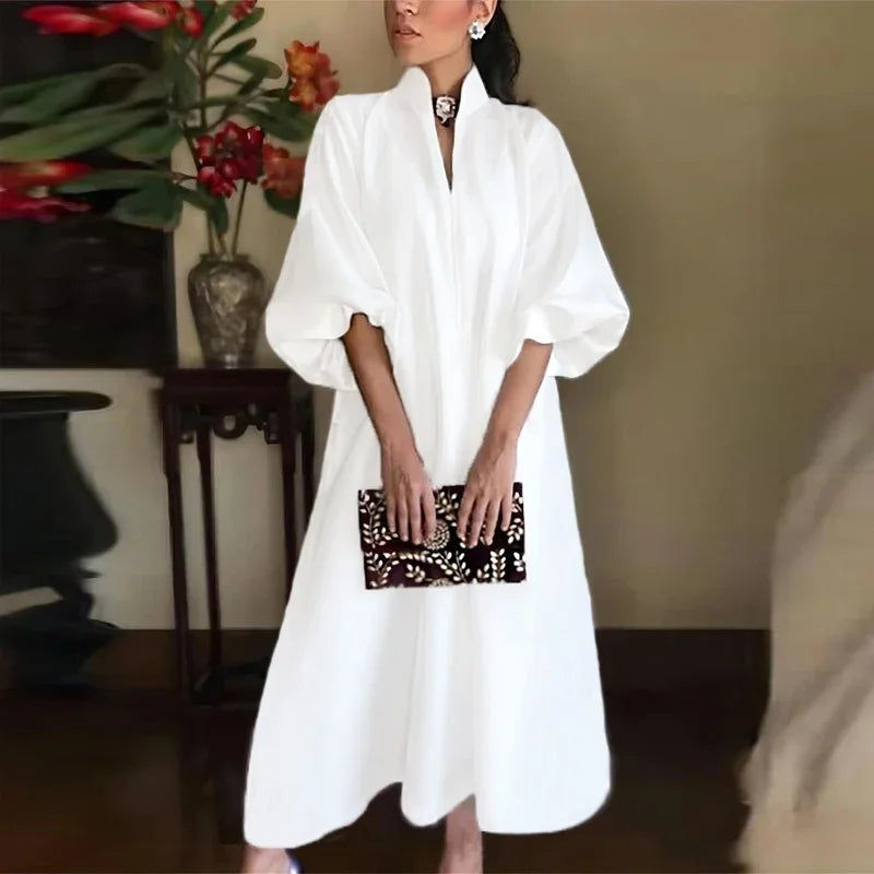 Stand Collar Puff Sleeve A Line Midi Dress - Formal Evening Gown