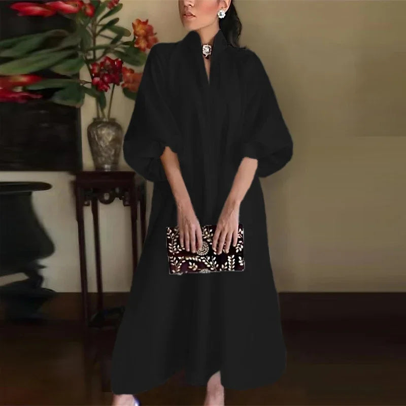 Stand Collar Puff Sleeve A Line Midi Dress - Formal Evening Gown