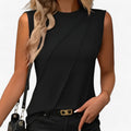 Crew Neck Diagonal Pleat Sleeveless Fitted Dressy Blouse