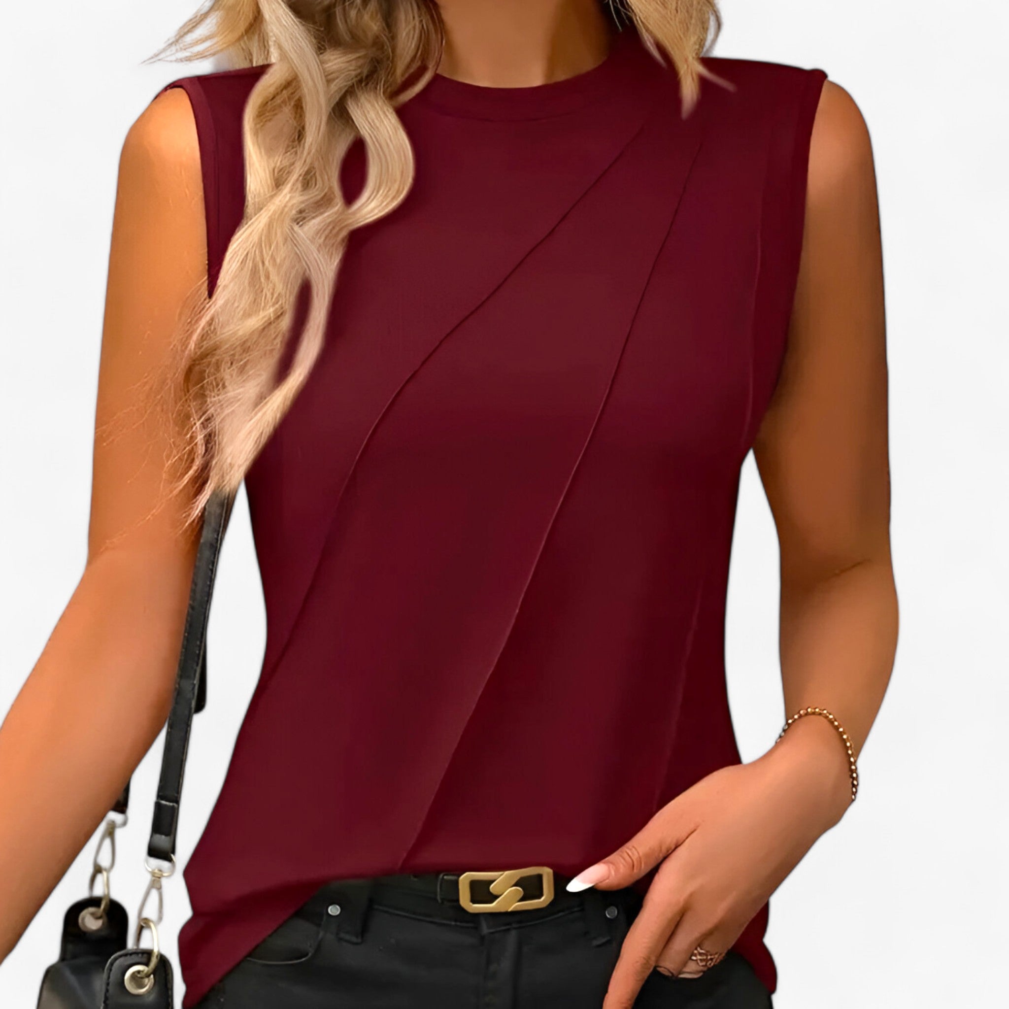 Crew Neck Diagonal Pleat Sleeveless Fitted Dressy Blouse