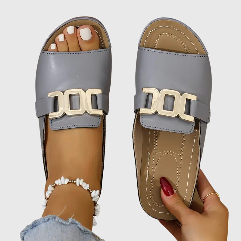 Gold Hardware Buckle Wide Strap Comfort Flatform Slide Sandal