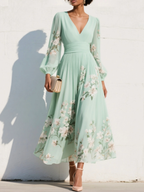 Floral Border V-Neck Ruched Waist Balloon Sleeve Midi Dress - Wedding Guest