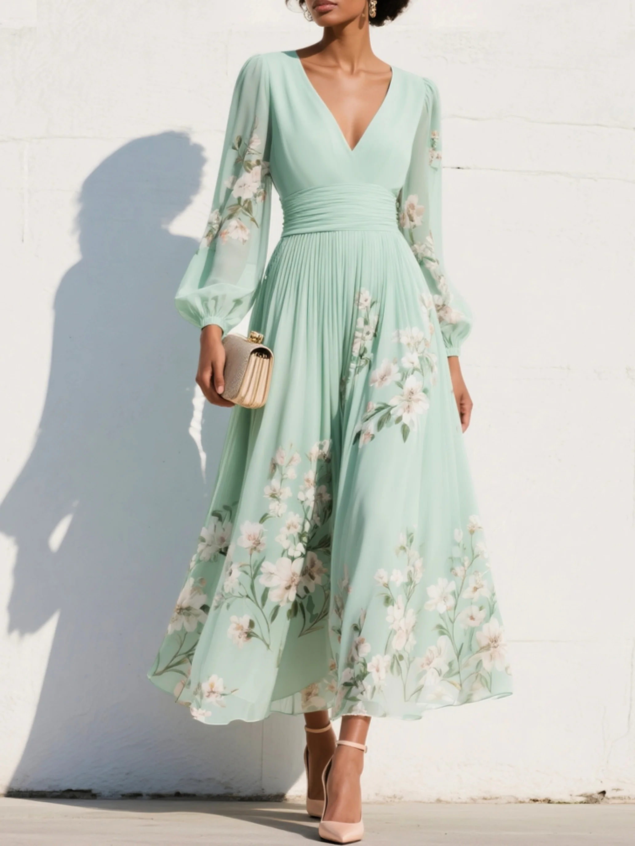 Floral Border V-Neck Ruched Waist Balloon Sleeve Midi Dress - Wedding Guest