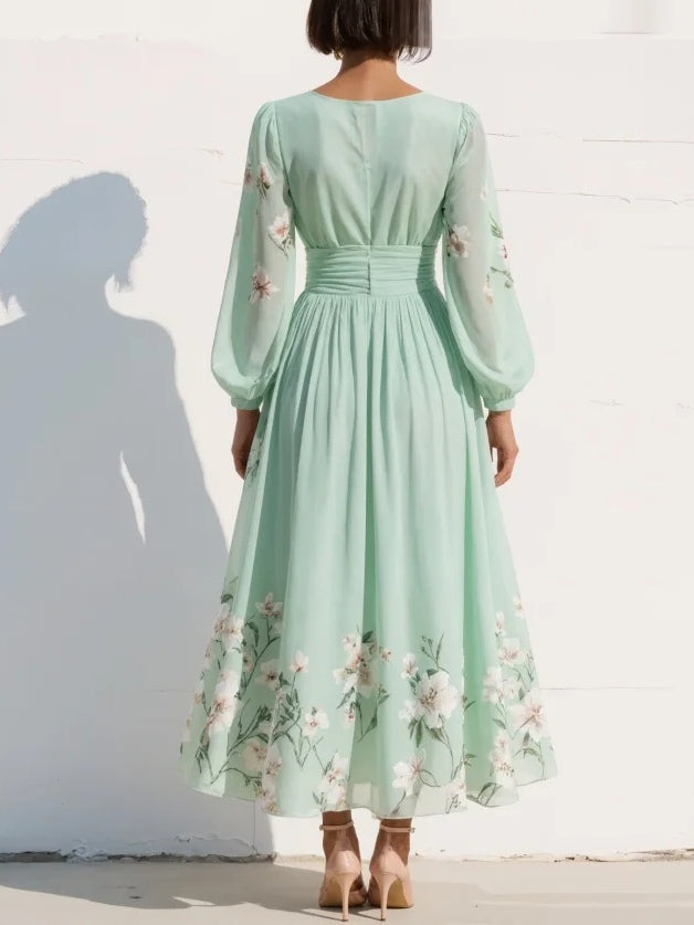 Floral Border V-Neck Ruched Waist Balloon Sleeve Midi Dress - Wedding Guest