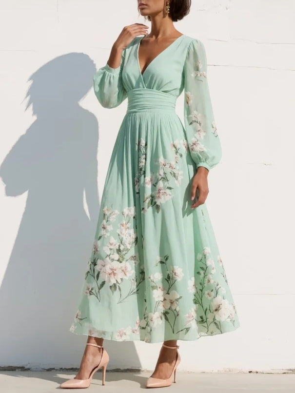 Floral Border V-Neck Ruched Waist Balloon Sleeve Midi Dress - Wedding Guest