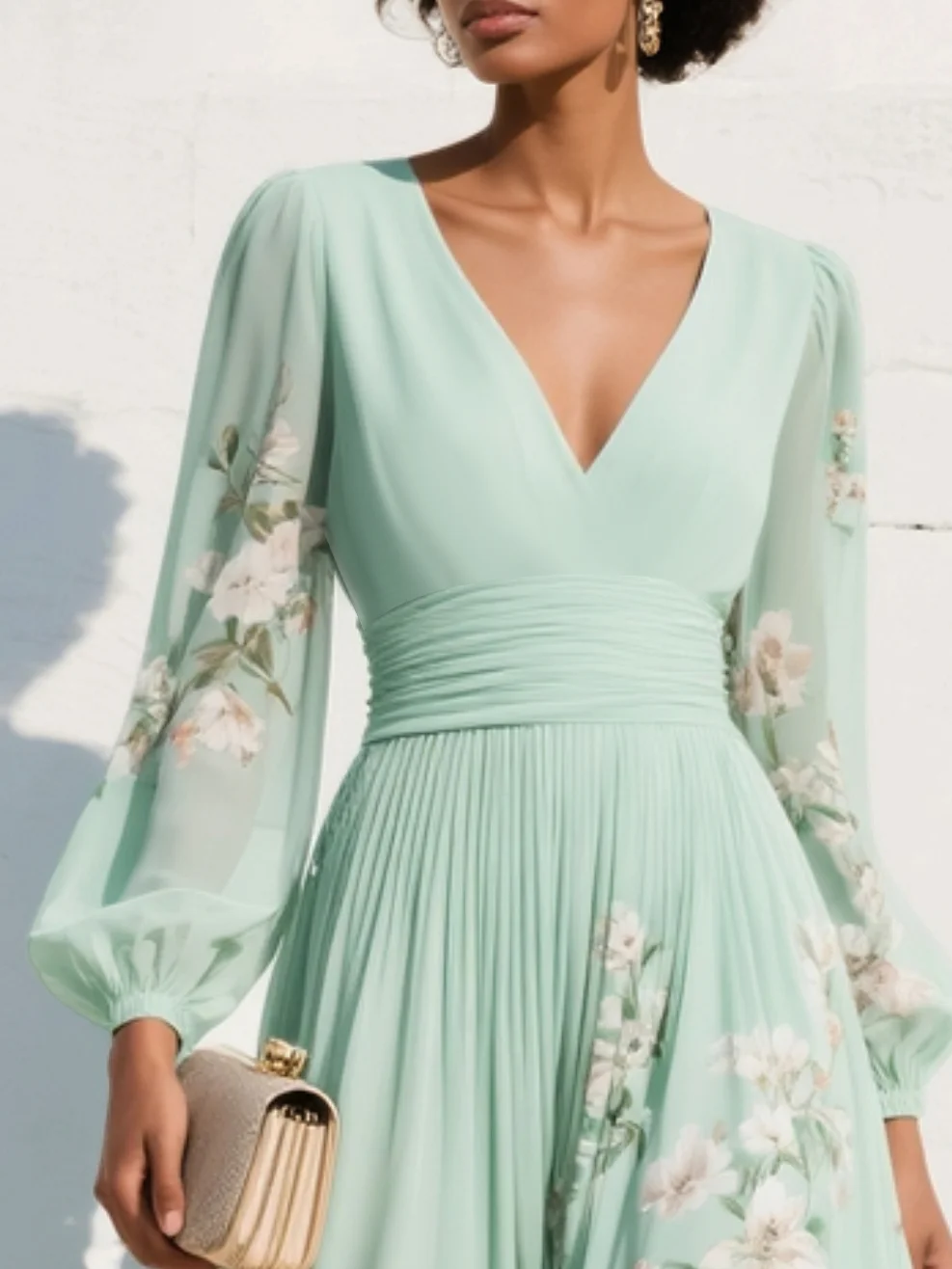Floral Border V-Neck Ruched Waist Balloon Sleeve Midi Dress - Wedding Guest