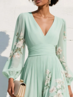 Floral Border V-Neck Ruched Waist Balloon Sleeve Midi Dress - Wedding Guest