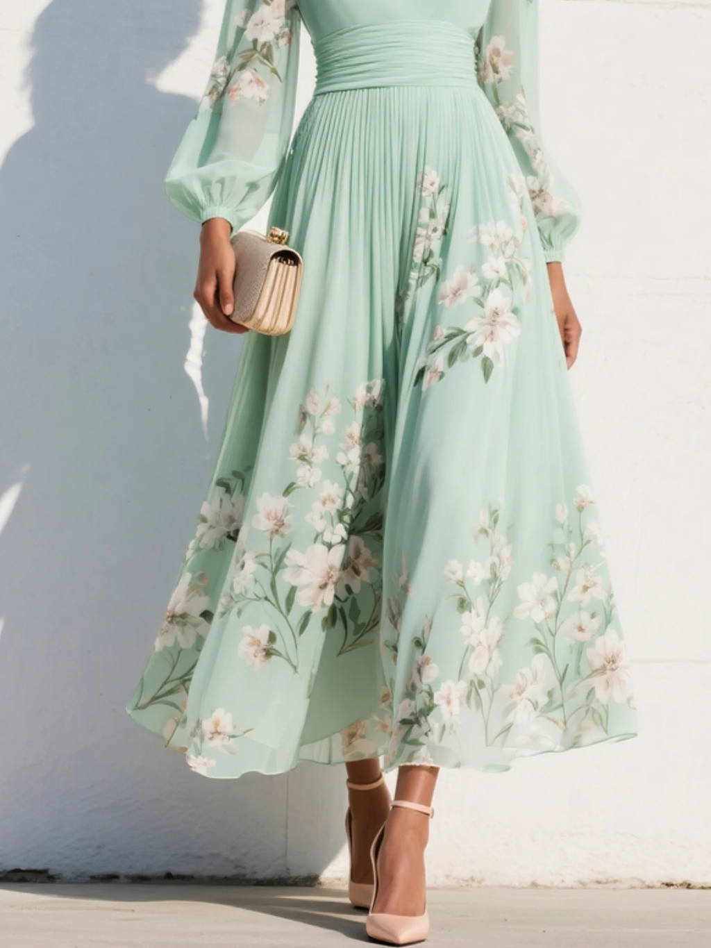 Floral Border V-Neck Ruched Waist Balloon Sleeve Midi Dress - Wedding Guest