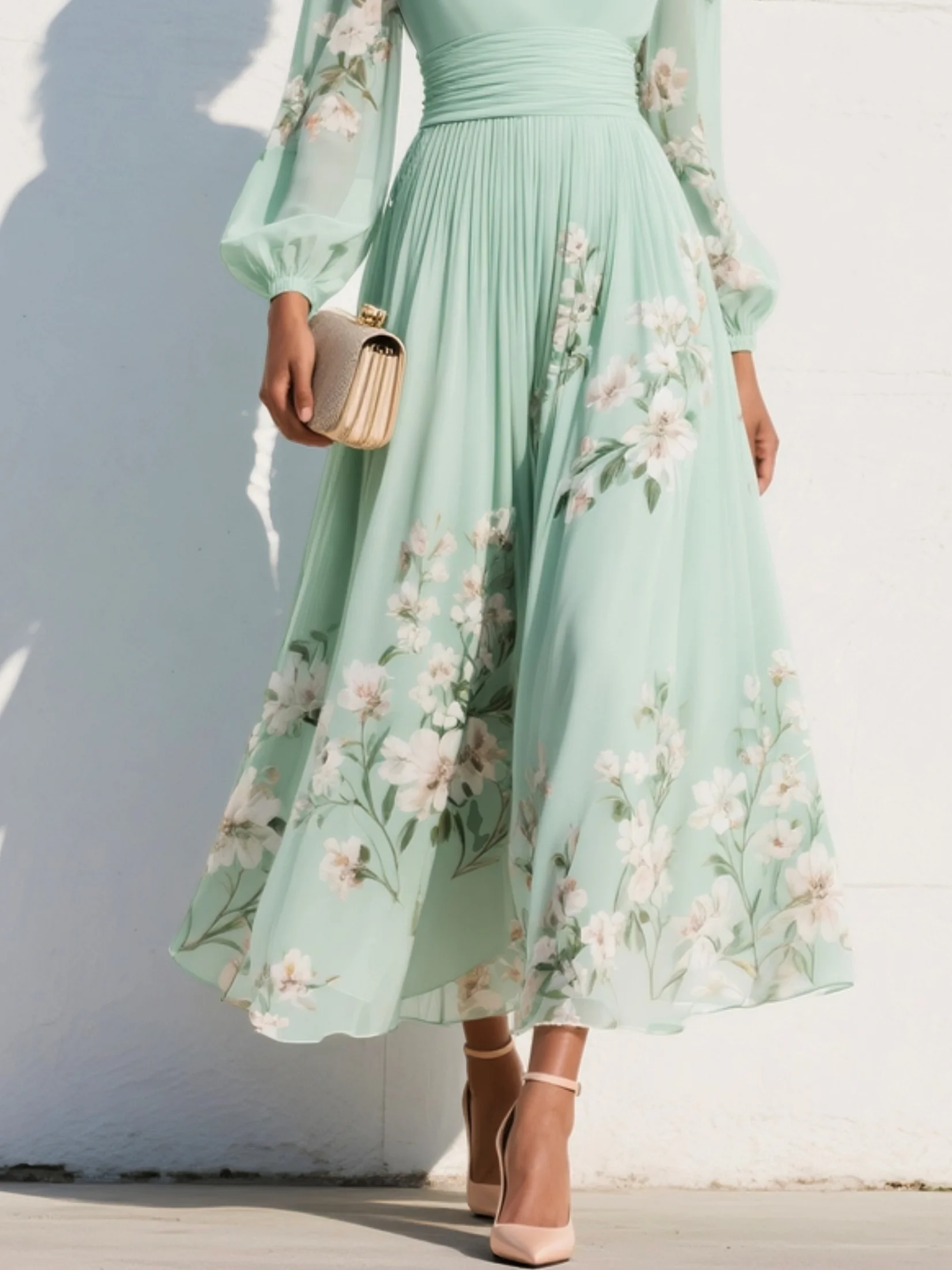 Floral Border V-Neck Ruched Waist Balloon Sleeve Midi Dress - Wedding Guest