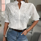 Floral Embroidered Eyelet Front Stand Collar Short Sleeve Blouse