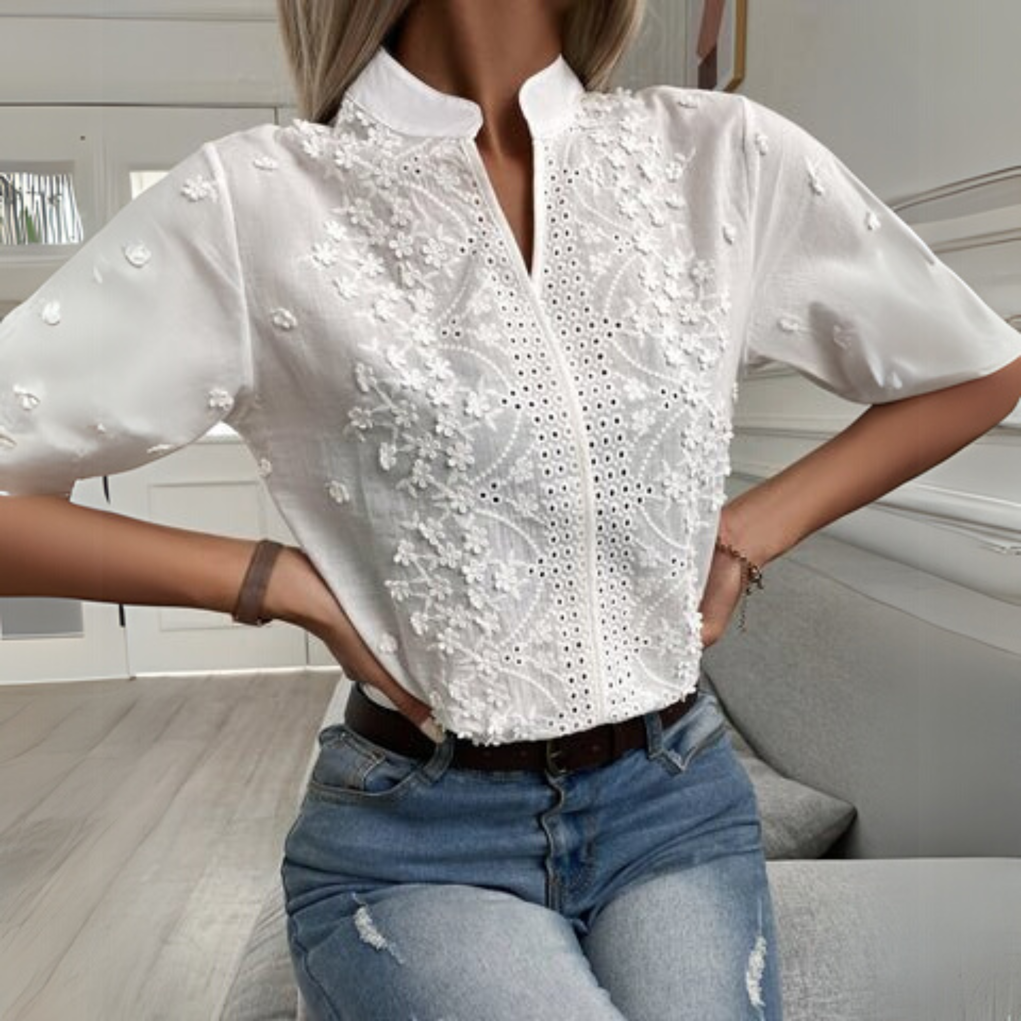 Floral Embroidered Eyelet Front Stand Collar Short Sleeve Blouse