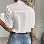 Floral Embroidered Eyelet Front Stand Collar Short Sleeve Blouse