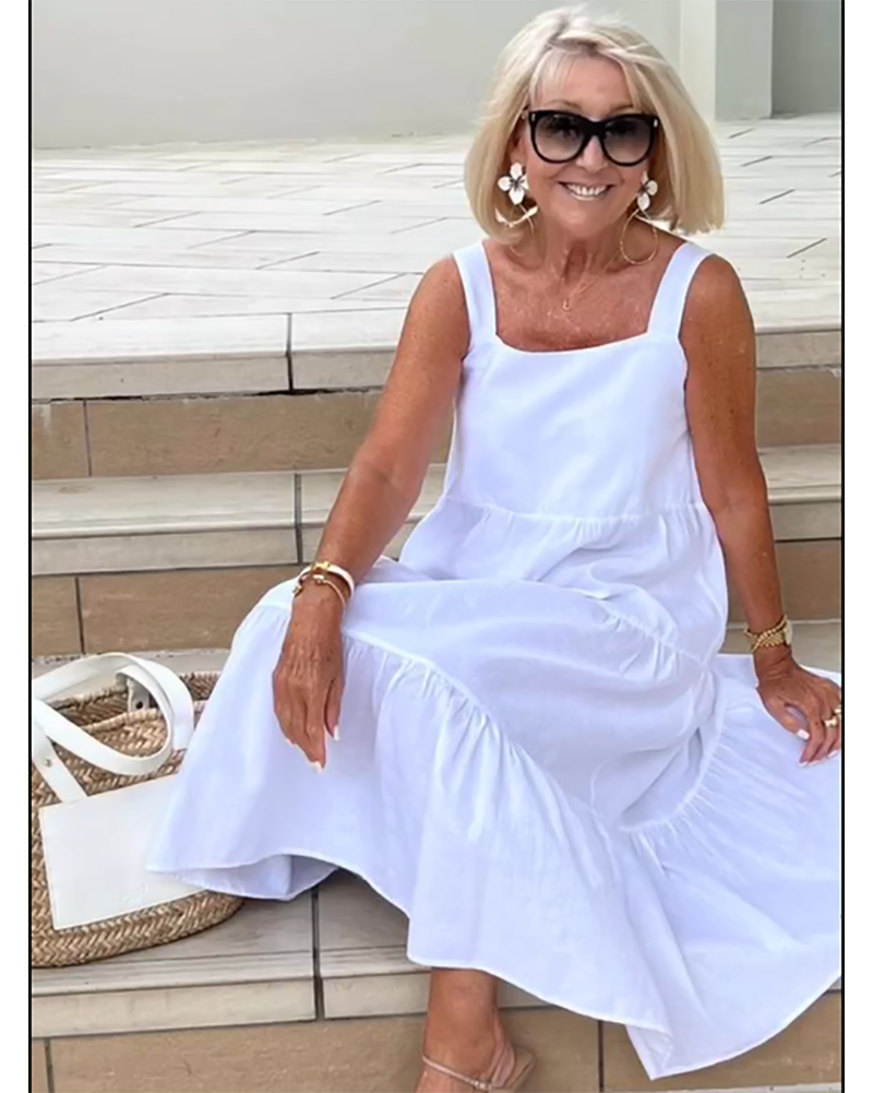Linen Square Neck Sleeveless Tiered Flowy Casual Maxi Dress