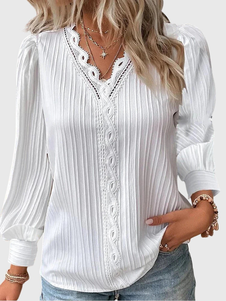 Lace Trim V Neck Textured Puff Sleeve Pullover Blouse