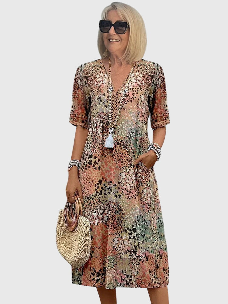 Abstract Print V-Neck Boho Summer Midi Dress