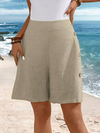 High Waist Side Button Wide Leg Casual Linen Short