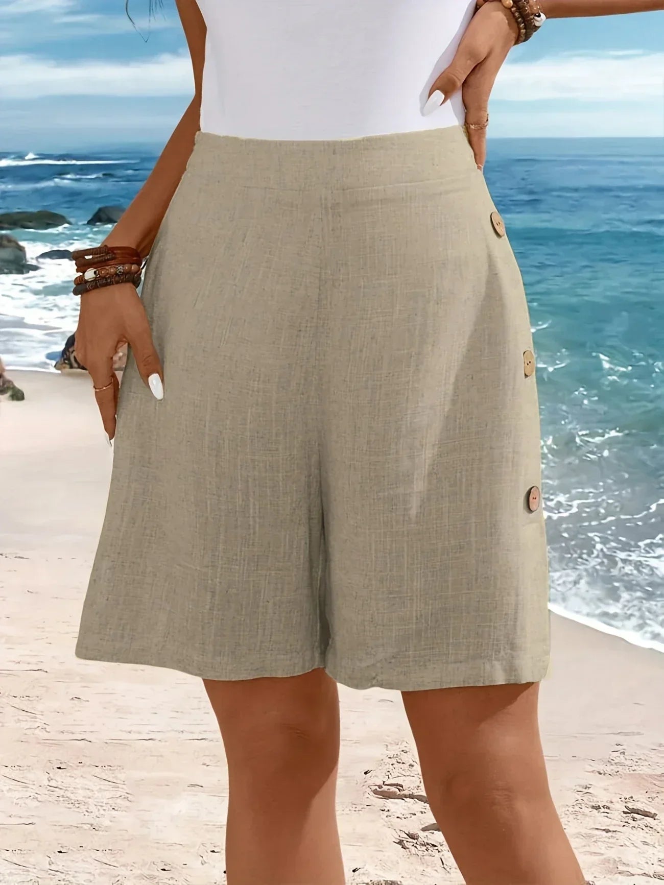 High Waist Side Button Wide Leg Casual Linen Short
