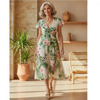 Floral Ruffle Sleeve V Neck Midi Summer Dress