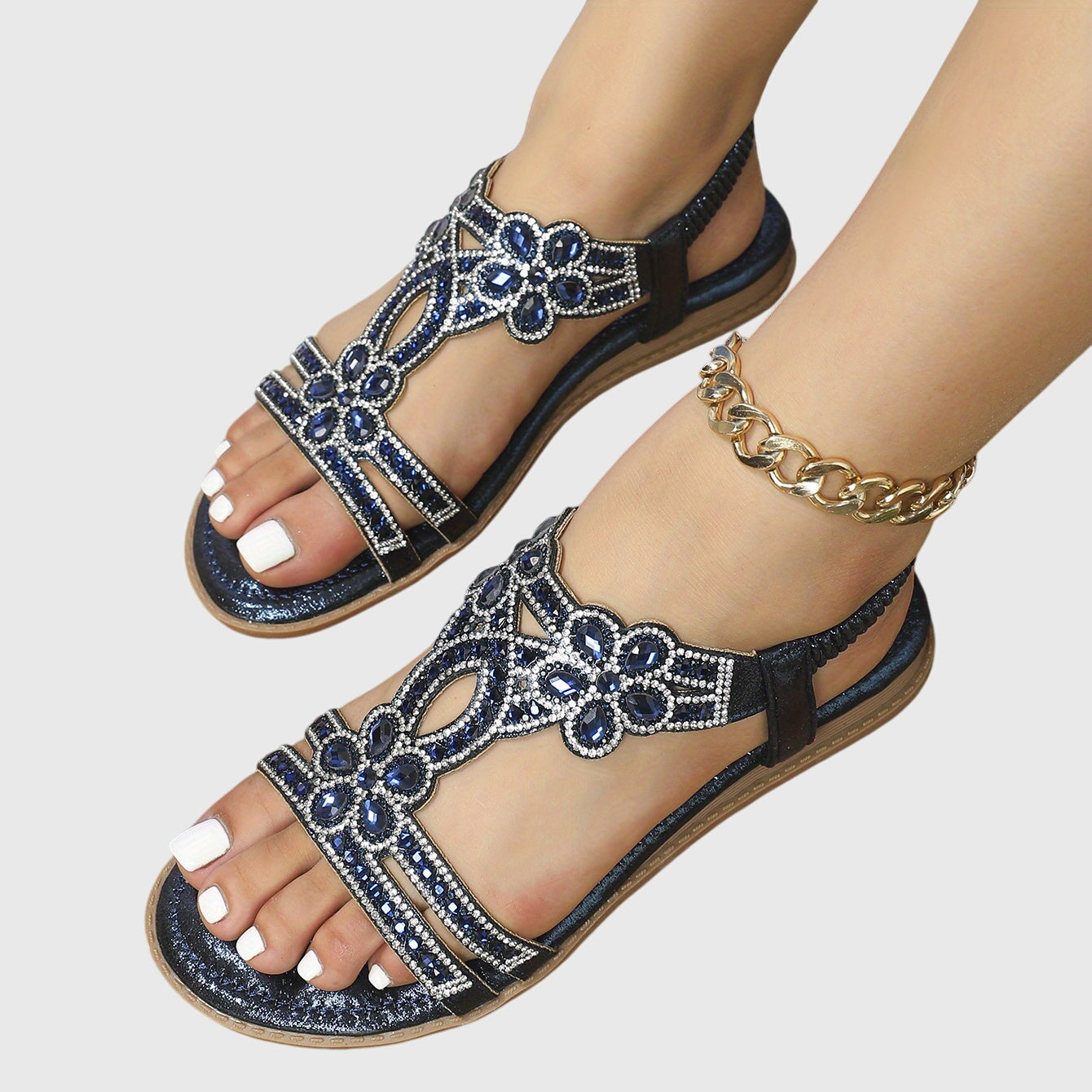 Rhinestone Embellished Cut Out Velcro Flat Sandal